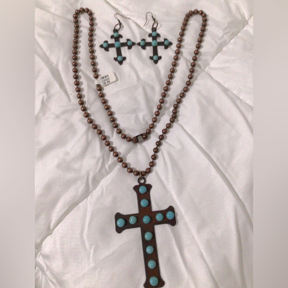 Large Turquoise Cross Necklace & Earrings Set~ NWT